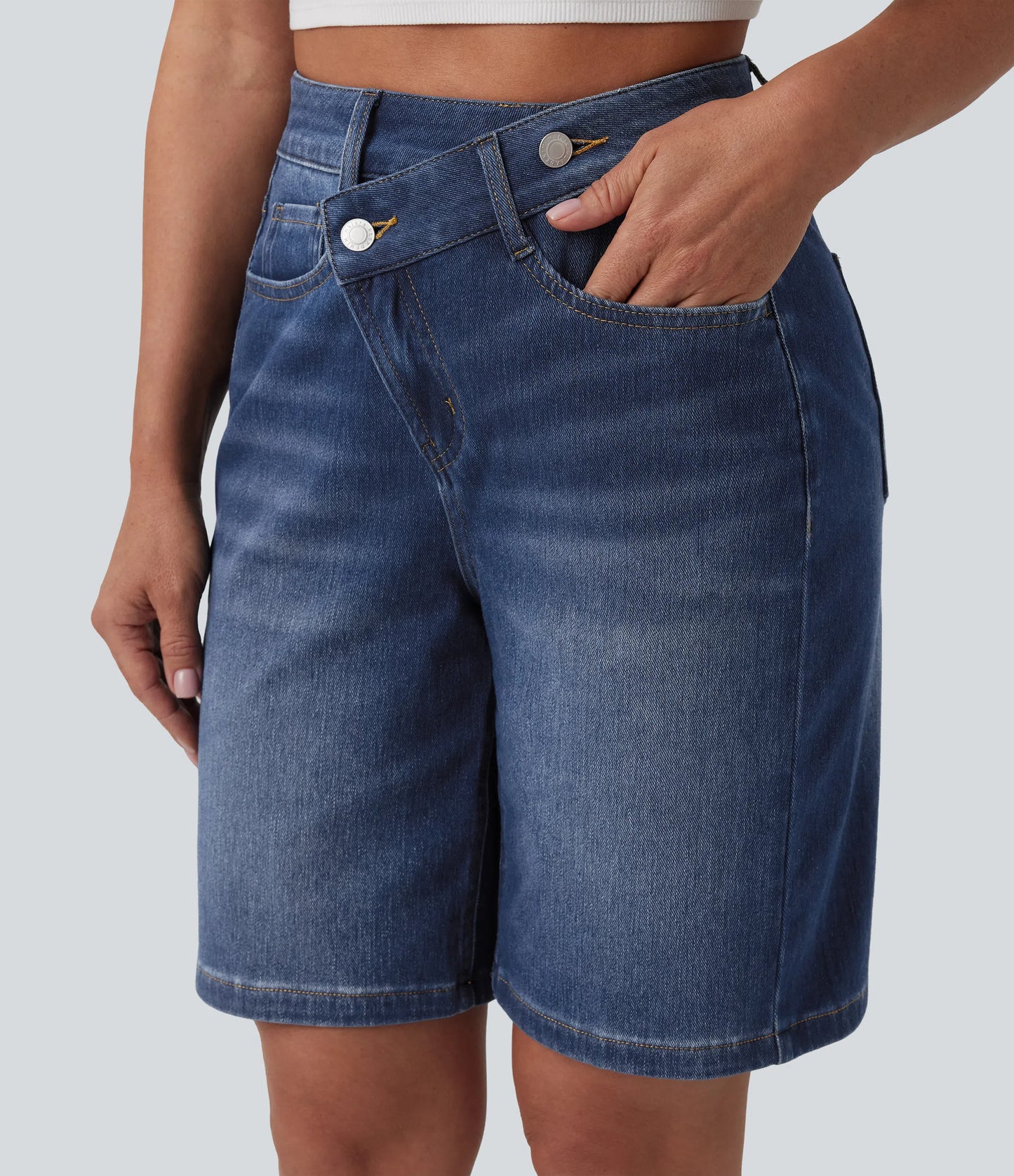 Lounge Flex™ Asymmetric High Waisted Washed Denim Casual Shorts 9'' with Pockets - Lounge