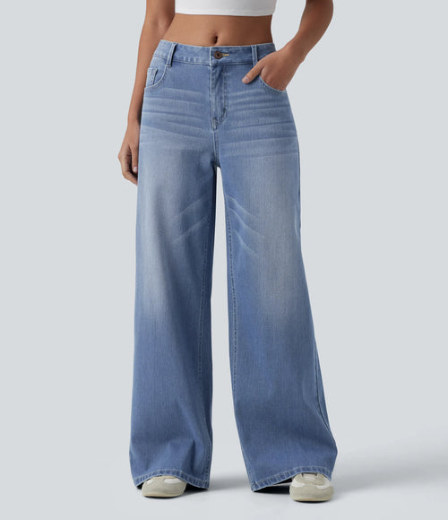 Lounge Flex™ Mid Rise Washed Baggy Wide Leg Casual Jeans with Pockets - Lounge
