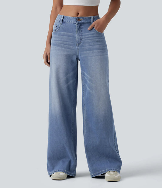 Lounge Flex™ Mid Rise Washed Baggy Wide Leg Casual Jeans with Pockets - Lounge