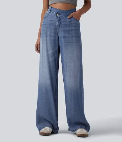 Asymmetric Mid Rise Draped Wide Leg Casual Jeans with Pockets - Lounge