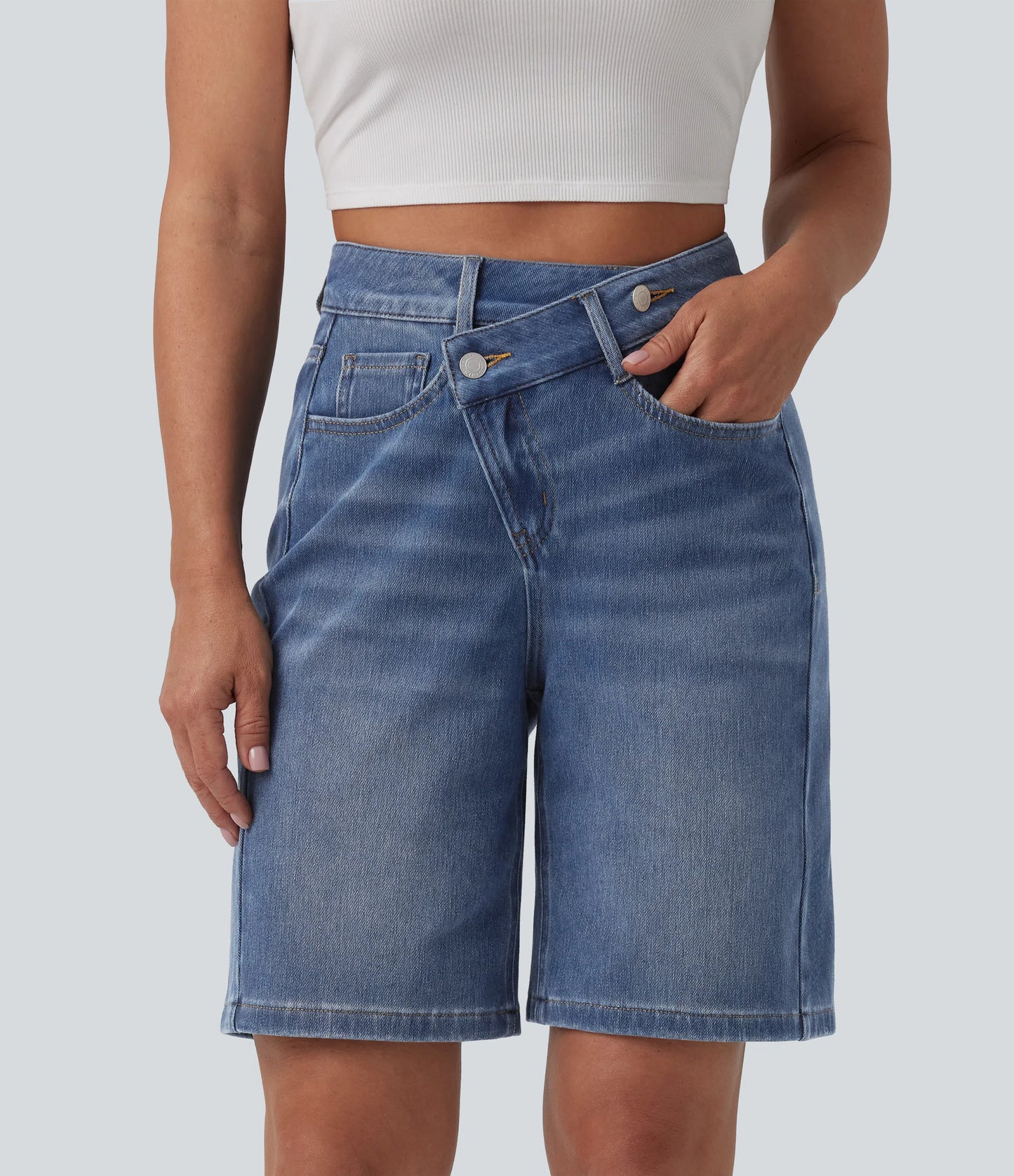 Lounge Flex™ Asymmetric High Waisted Washed Denim Casual Shorts 9'' with Pockets - Lounge
