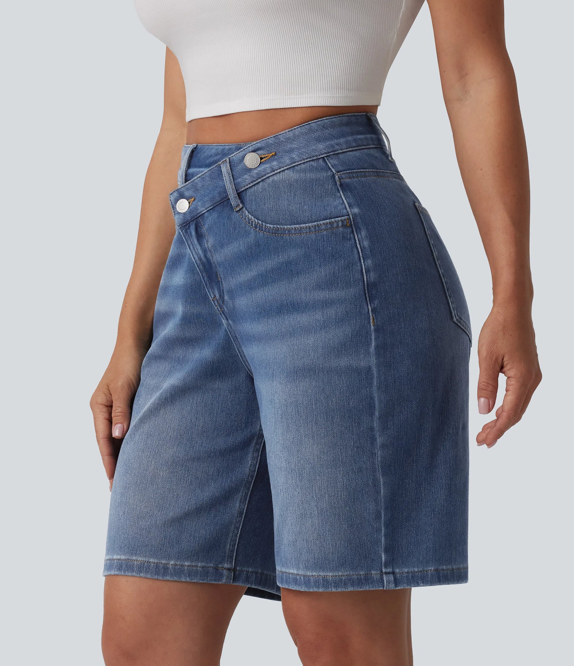 Lounge Flex™ Asymmetric High Waisted Washed Denim Casual Shorts 9'' with Pockets - Lounge