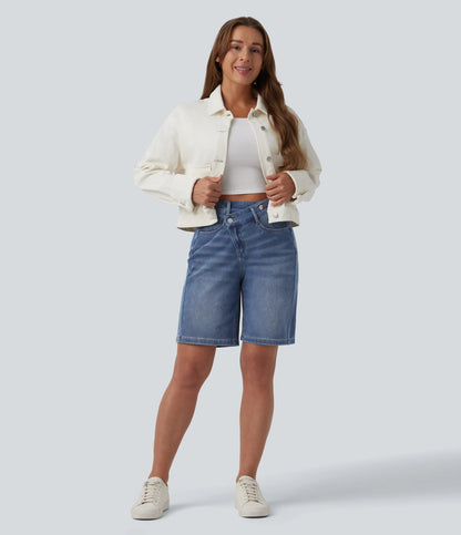 Lounge Flex™ Asymmetric High Waisted Washed Denim Casual Shorts 9'' with Pockets - Lounge
