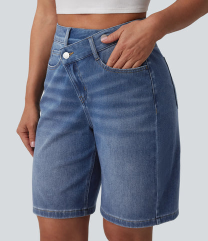 Lounge Flex™ Asymmetric High Waisted Washed Denim Casual Shorts 9'' with Pockets - Lounge