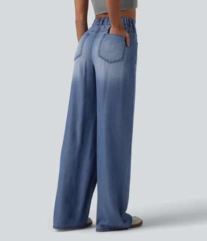 Asymmetric Mid Rise Draped Wide Leg Casual Jeans with Pockets - Lounge