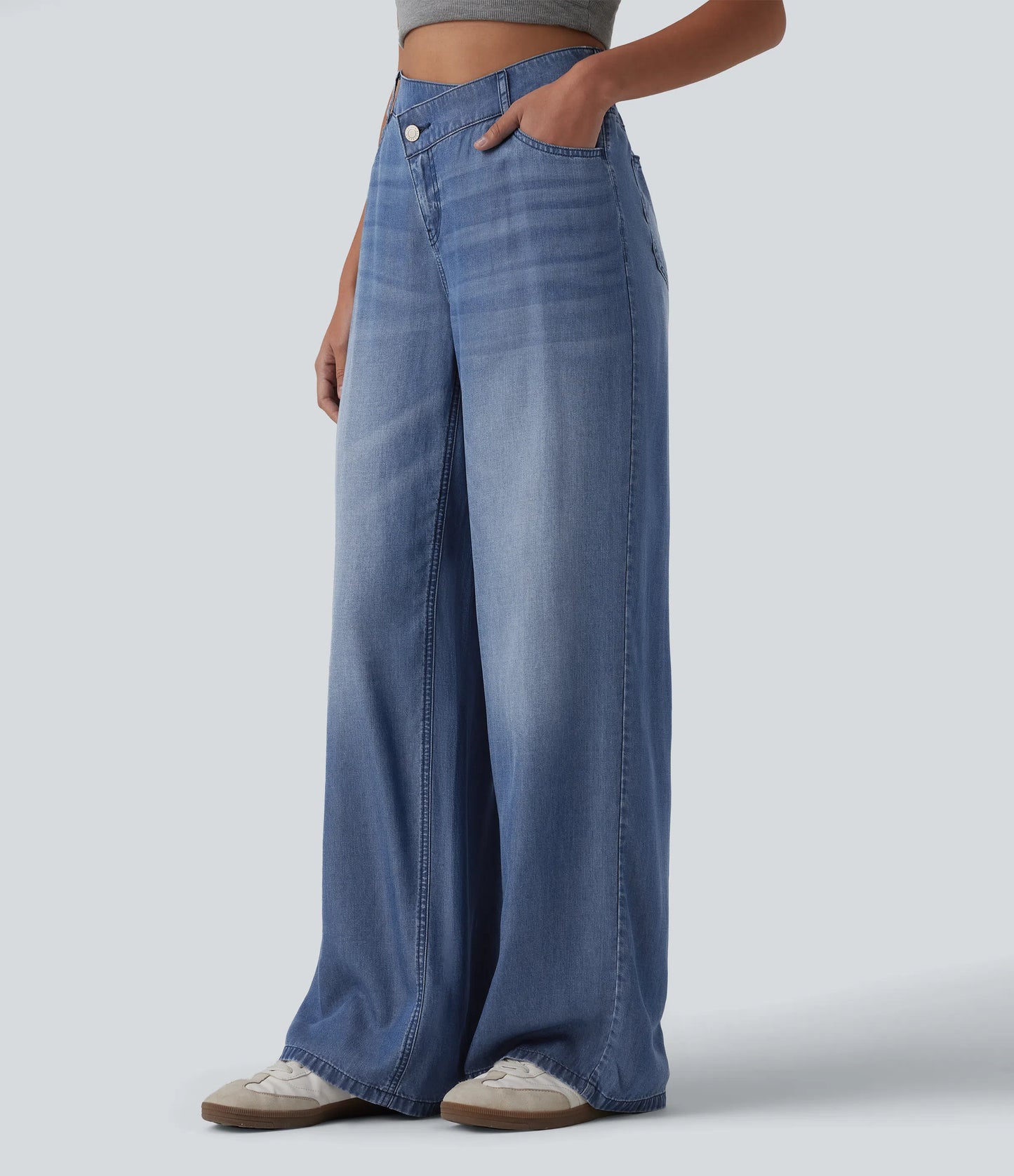 Asymmetric Mid Rise Draped Wide Leg Casual Jeans with Pockets - Lounge