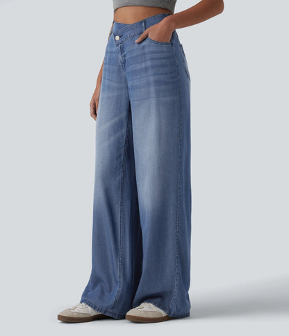 Asymmetric Mid Rise Draped Wide Leg Casual Jeans with Pockets - Lounge