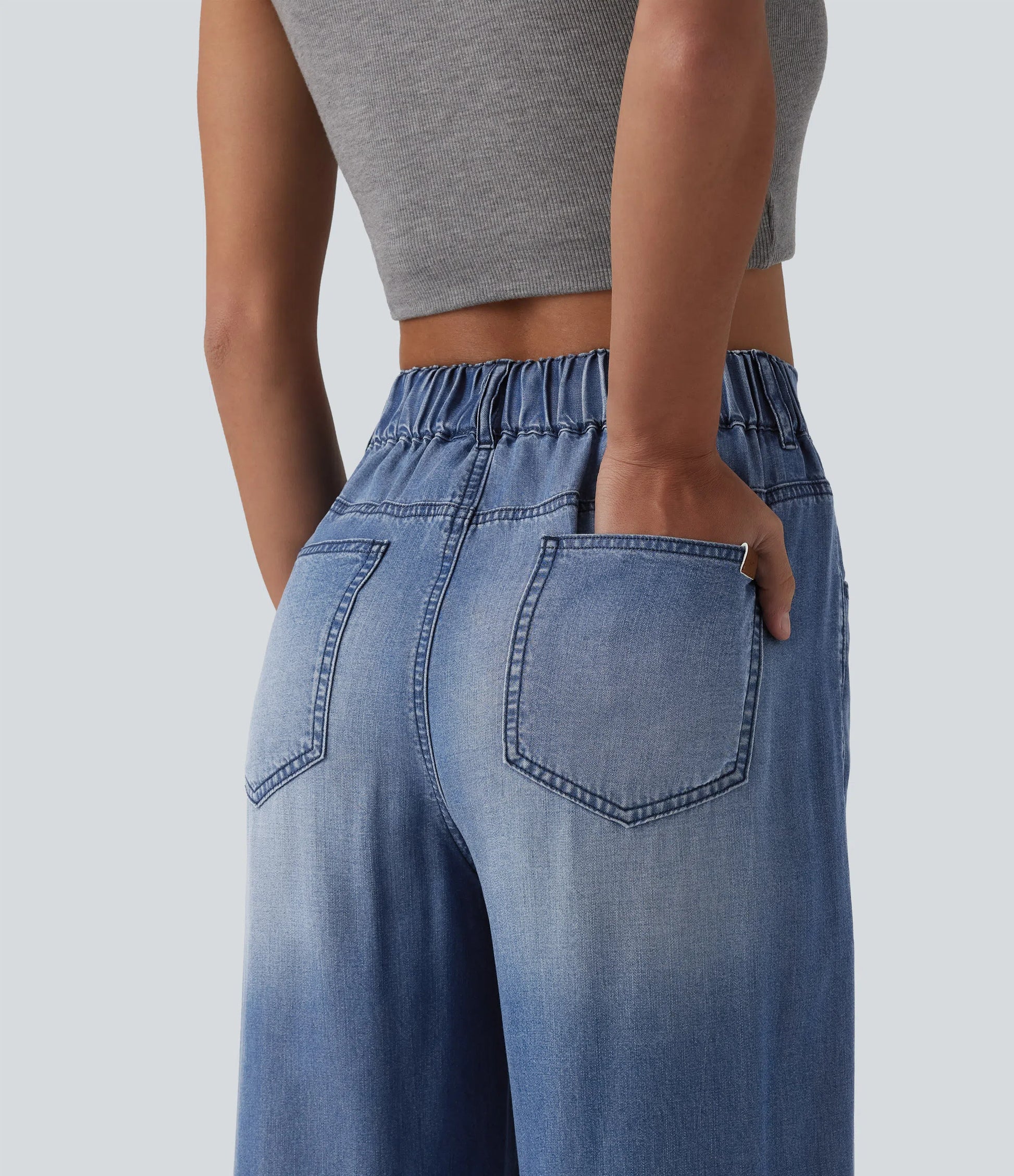 Asymmetric Mid Rise Draped Wide Leg Casual Jeans with Pockets - Lounge