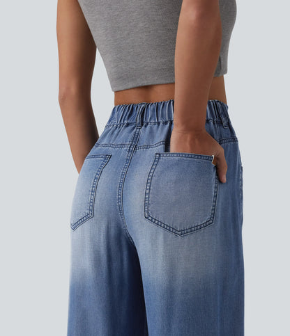 Asymmetric Mid Rise Draped Wide Leg Casual Jeans with Pockets - Lounge
