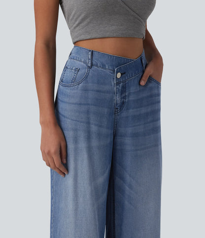 Asymmetric Mid Rise Draped Wide Leg Casual Jeans with Pockets - Lounge
