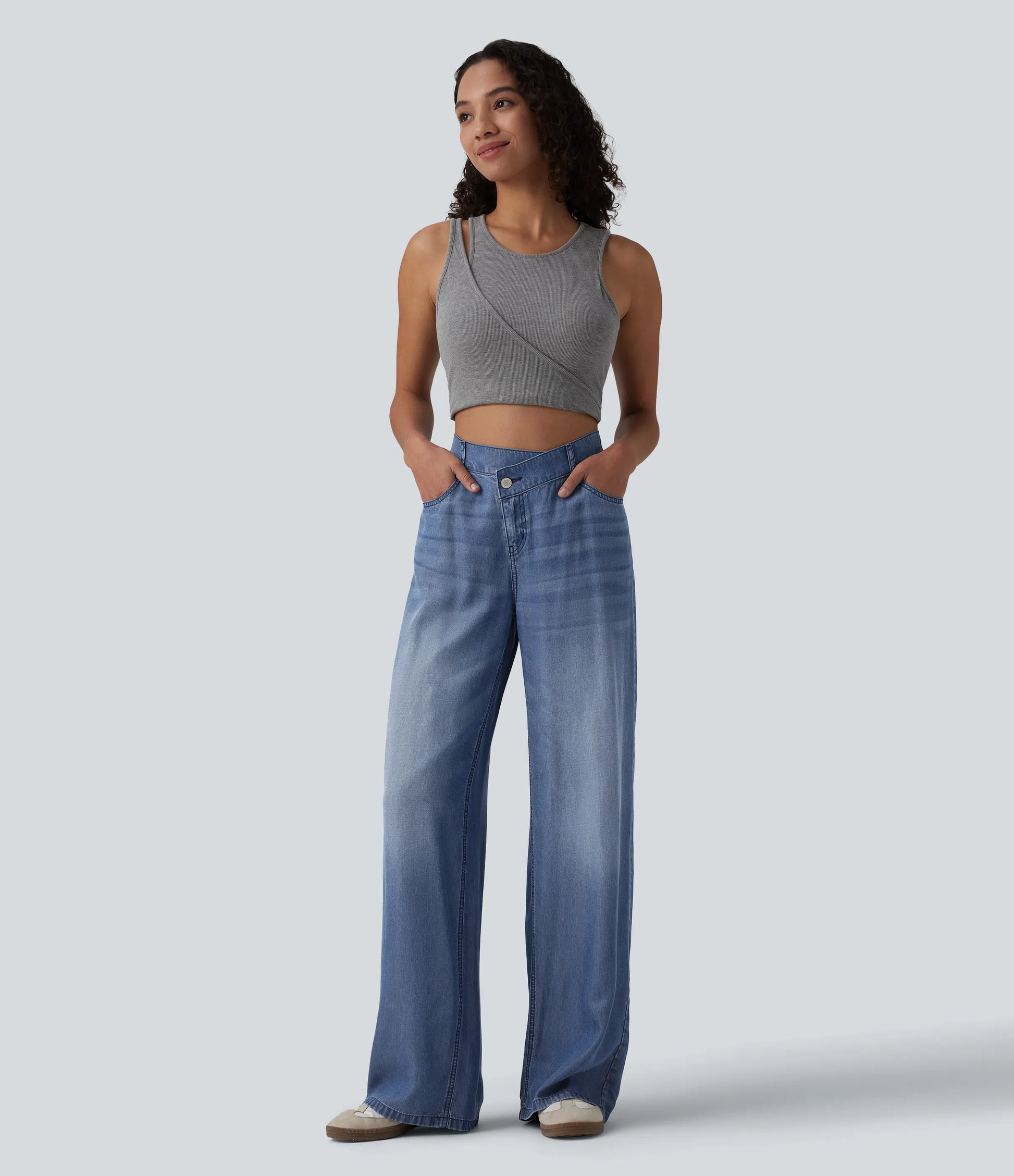 Asymmetric Mid Rise Draped Wide Leg Casual Jeans with Pockets - Lounge