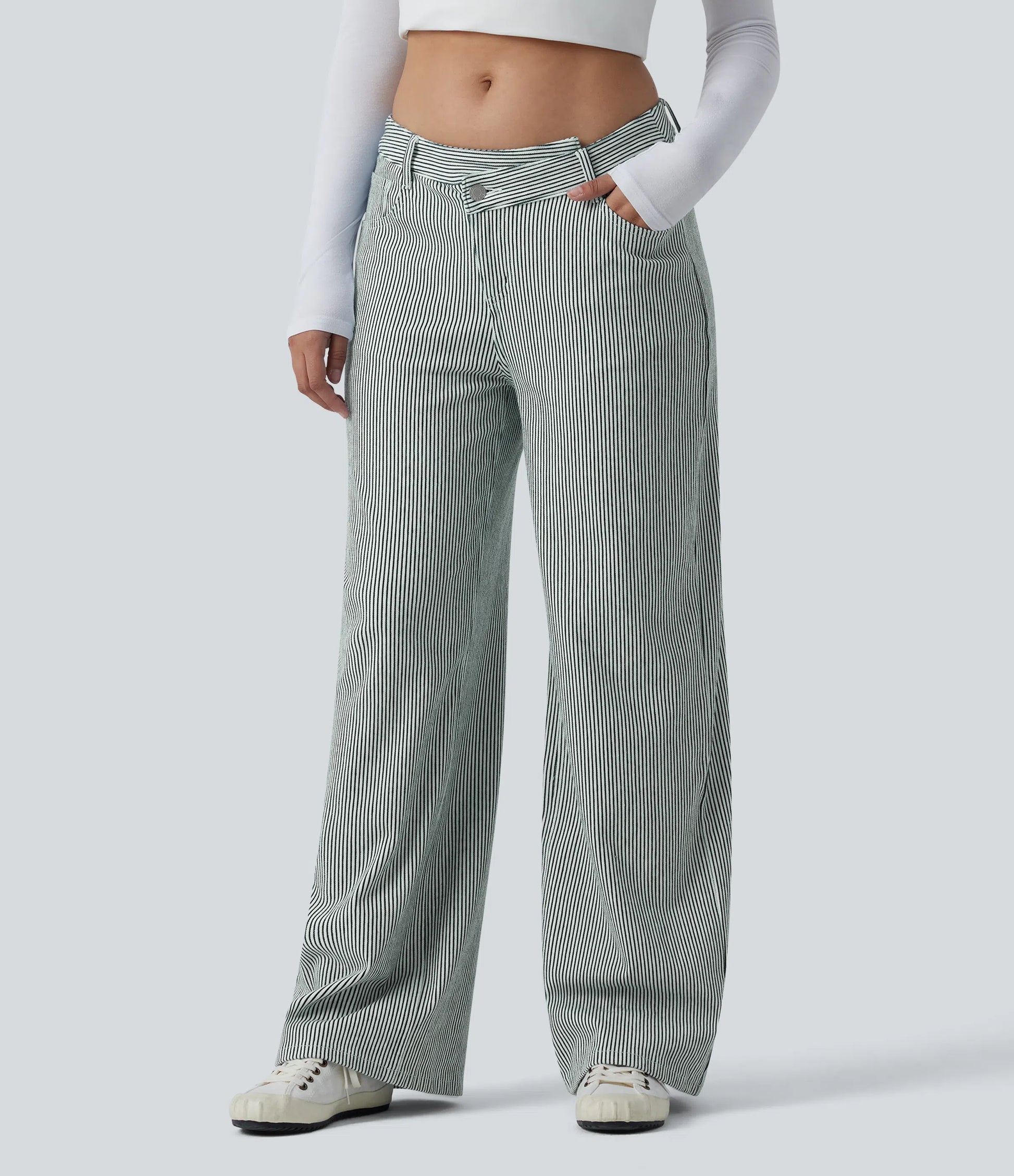 Lounge Flex™ Asymmetric Mid Rise Stripes Casual Baggy Jeans with Pockets - Lounge