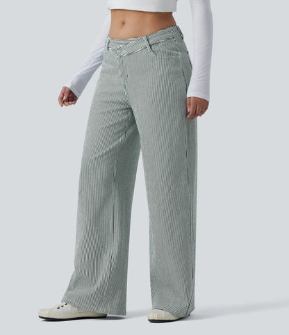 Lounge Flex™ Asymmetric Mid Rise Stripes Casual Baggy Jeans with Pockets - Lounge