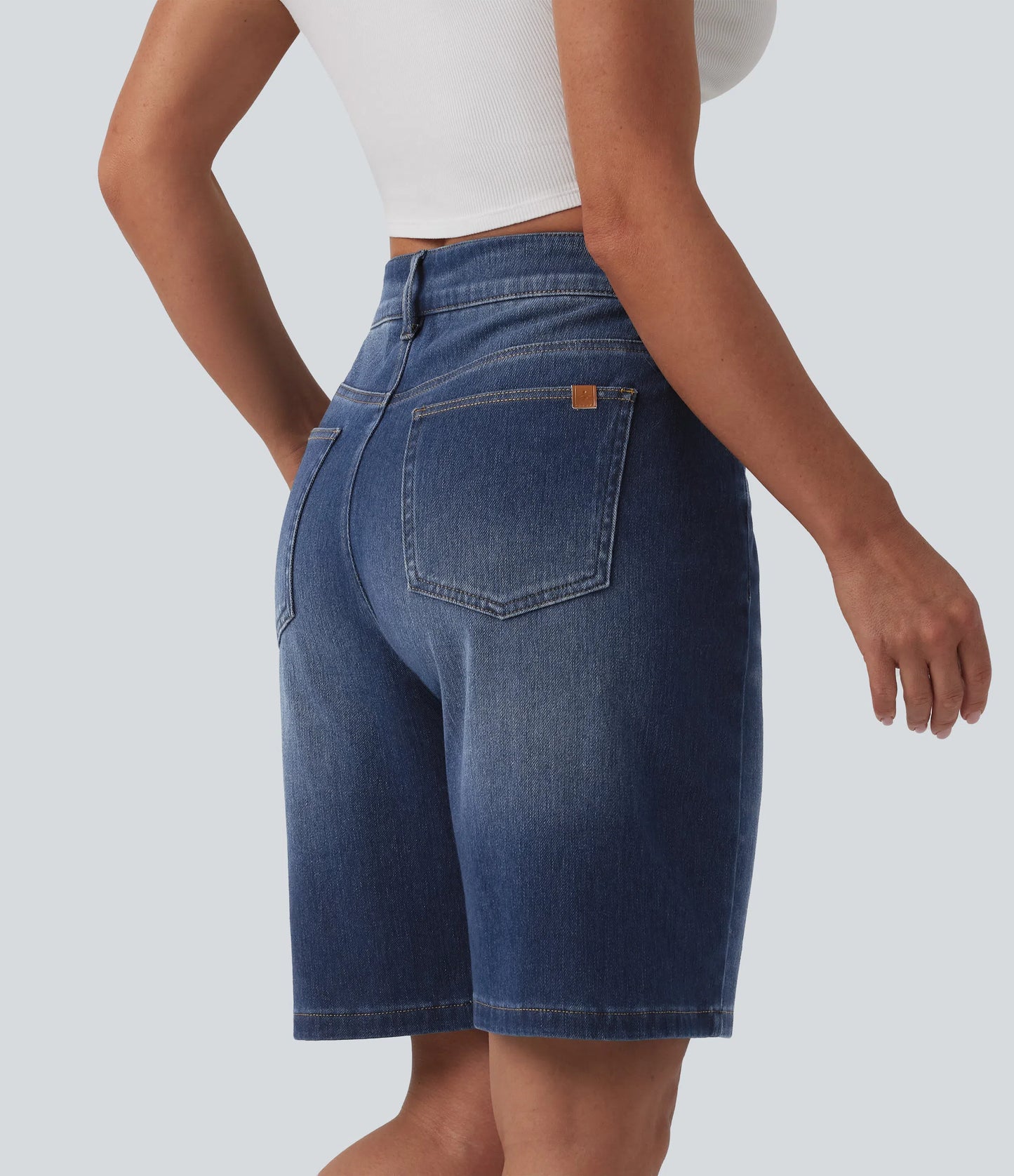 Lounge Flex™ Asymmetric High Waisted Washed Denim Casual Shorts 9'' with Pockets - Lounge