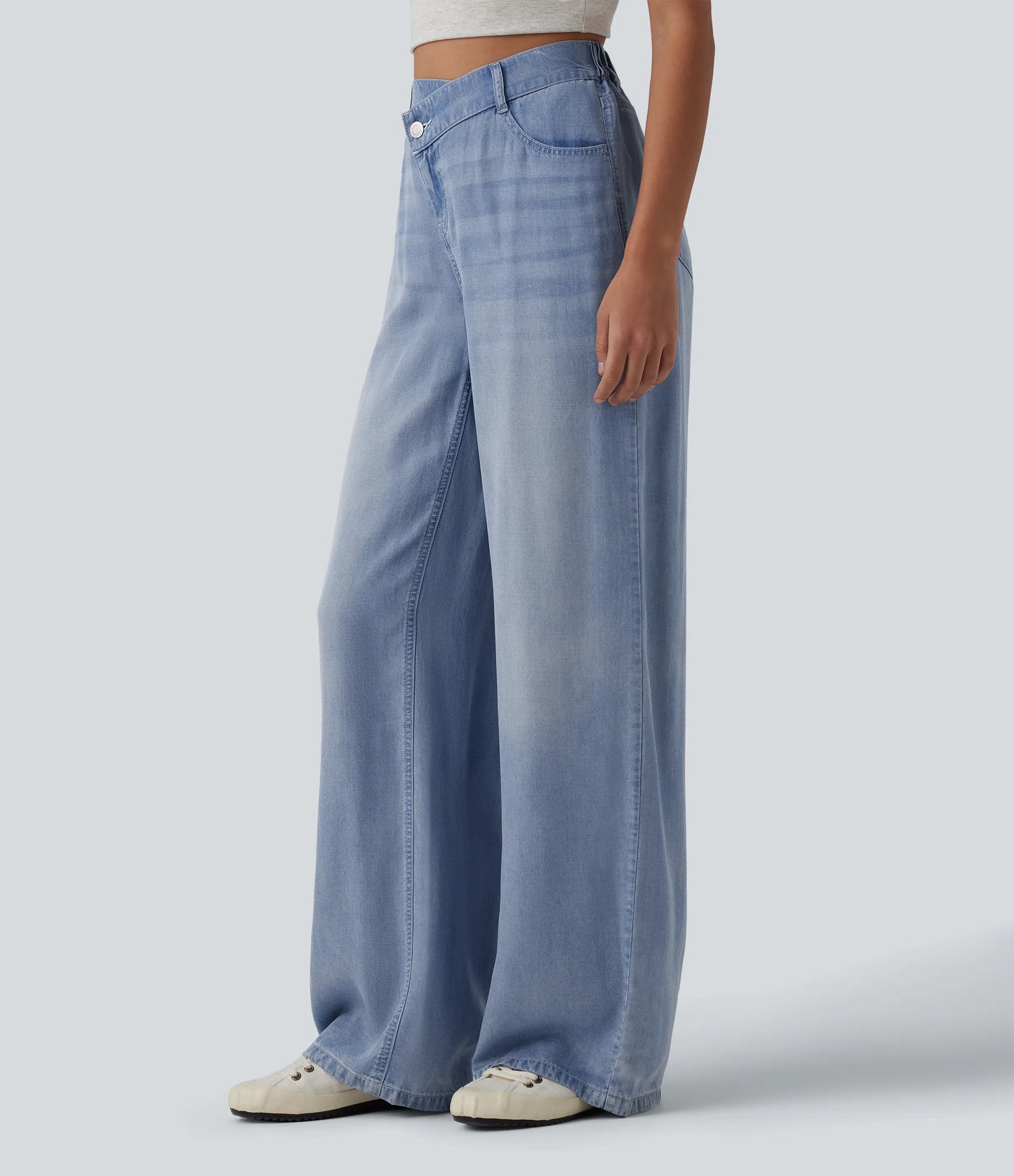 Asymmetric Mid Rise Draped Wide Leg Casual Jeans with Pockets - Lounge