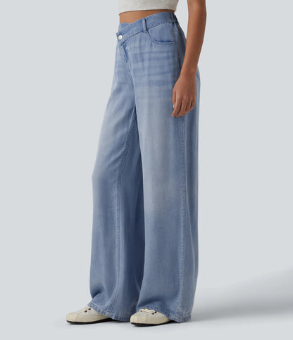 Asymmetric Mid Rise Draped Wide Leg Casual Jeans with Pockets - Lounge