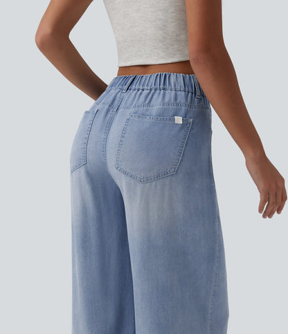 Asymmetric Mid Rise Draped Wide Leg Casual Jeans with Pockets - Lounge