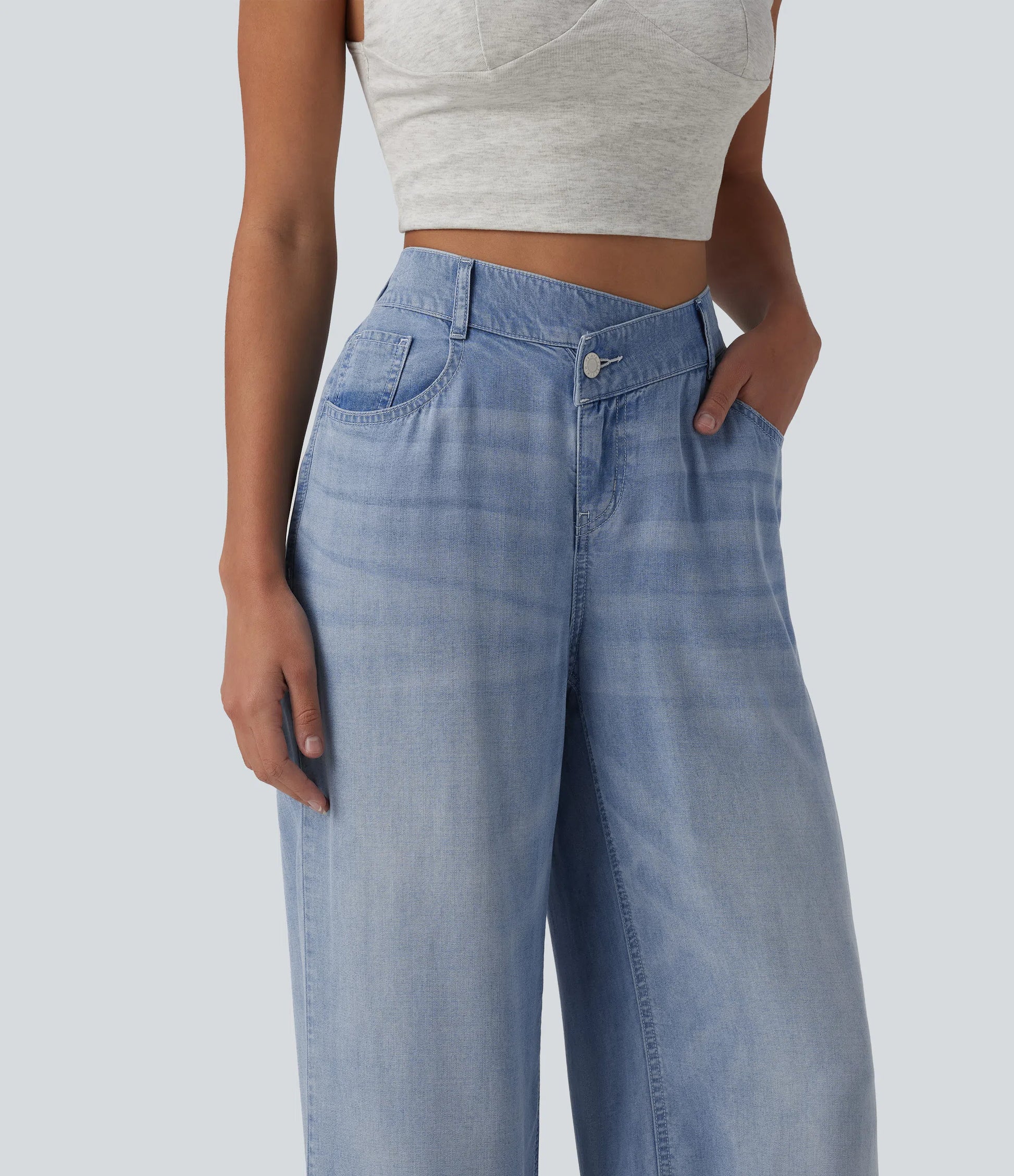 Asymmetric Mid Rise Draped Wide Leg Casual Jeans with Pockets - Lounge