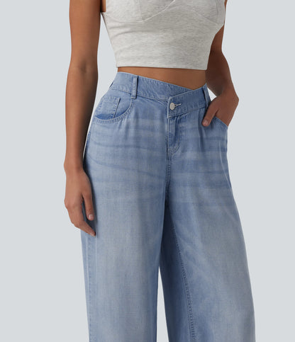 Asymmetric Mid Rise Draped Wide Leg Casual Jeans with Pockets - Lounge