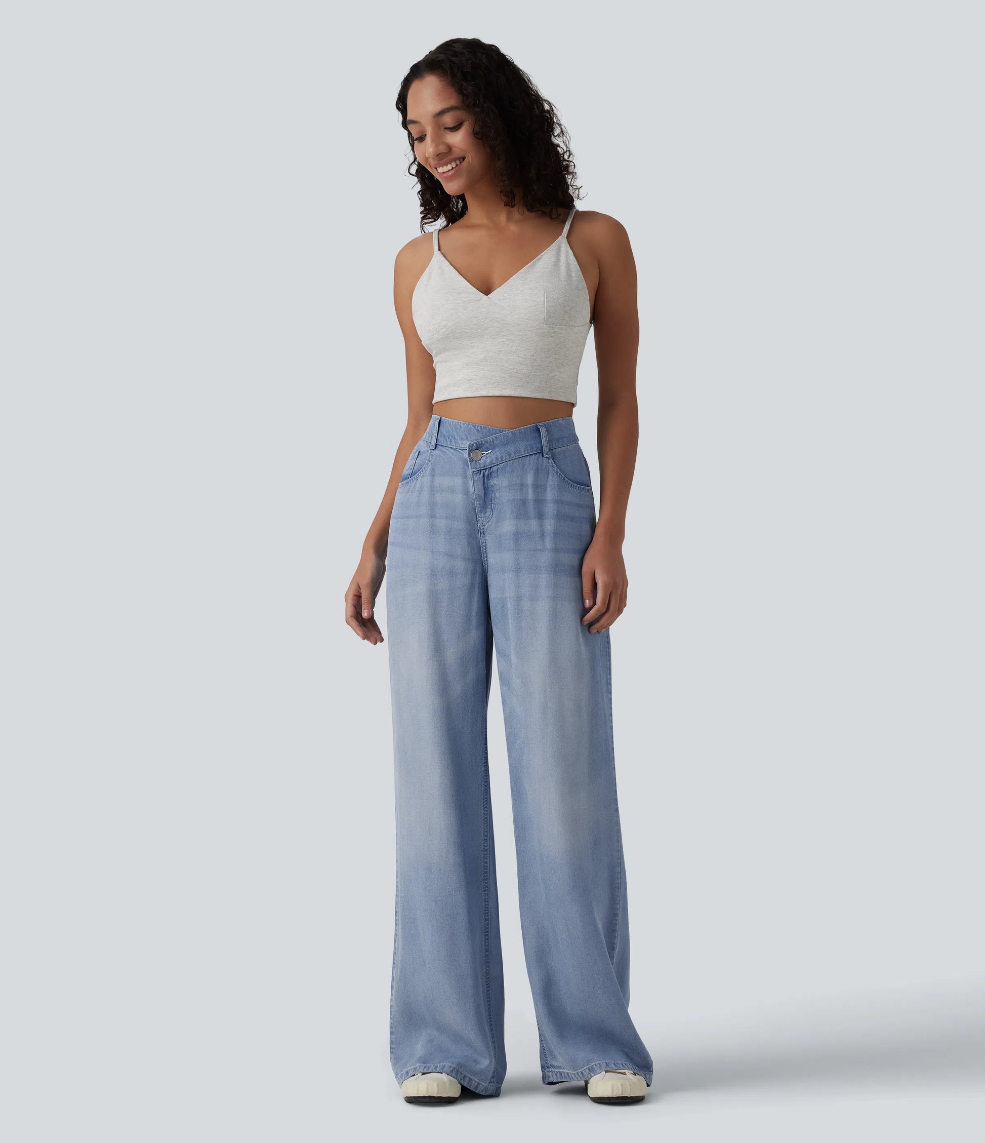 Asymmetric Mid Rise Draped Wide Leg Casual Jeans with Pockets - Lounge