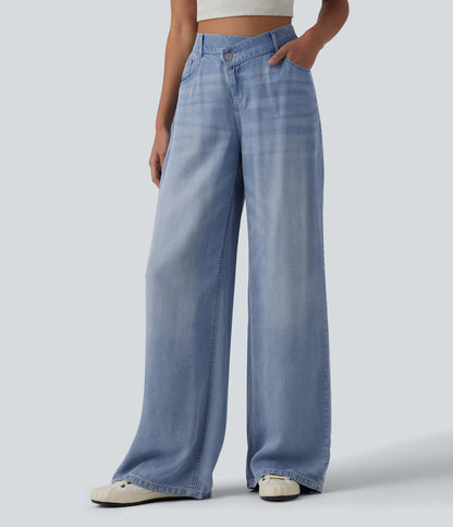 Asymmetric Mid Rise Draped Wide Leg Casual Jeans with Pockets - Lounge
