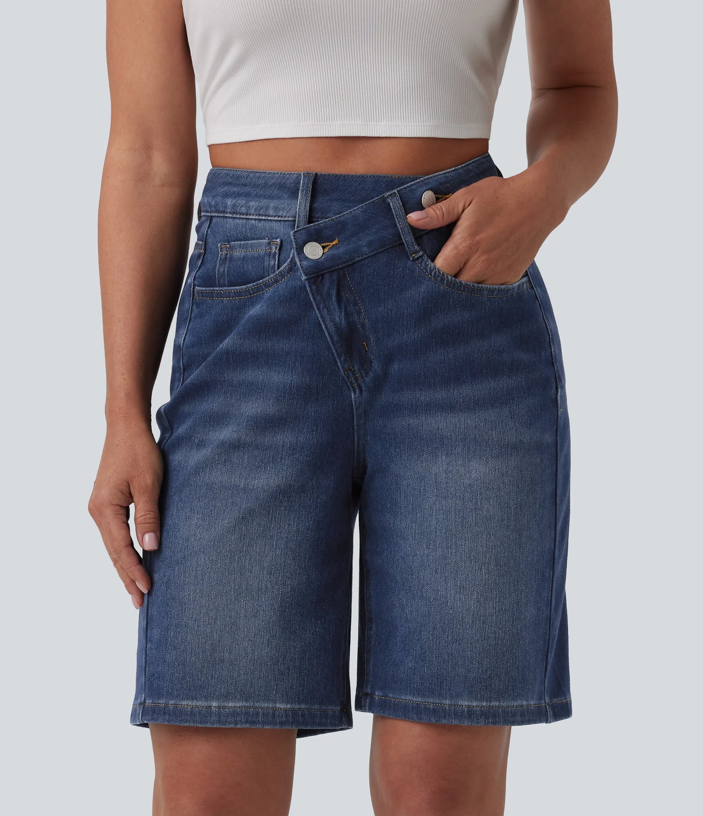 Lounge Flex™ Asymmetric High Waisted Washed Denim Casual Shorts 9'' with Pockets - Lounge