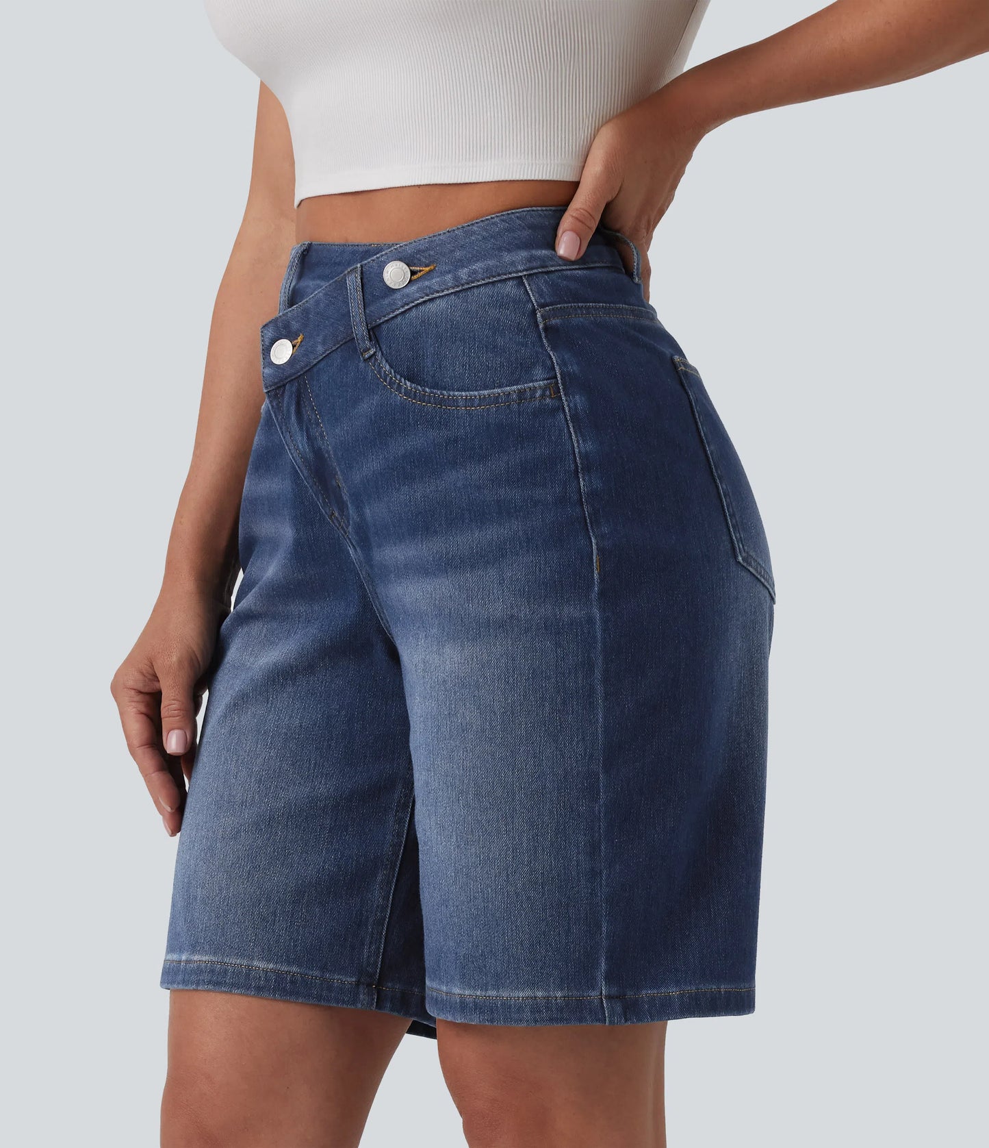 Lounge Flex™ Asymmetric High Waisted Washed Denim Casual Shorts 9'' with Pockets - Lounge