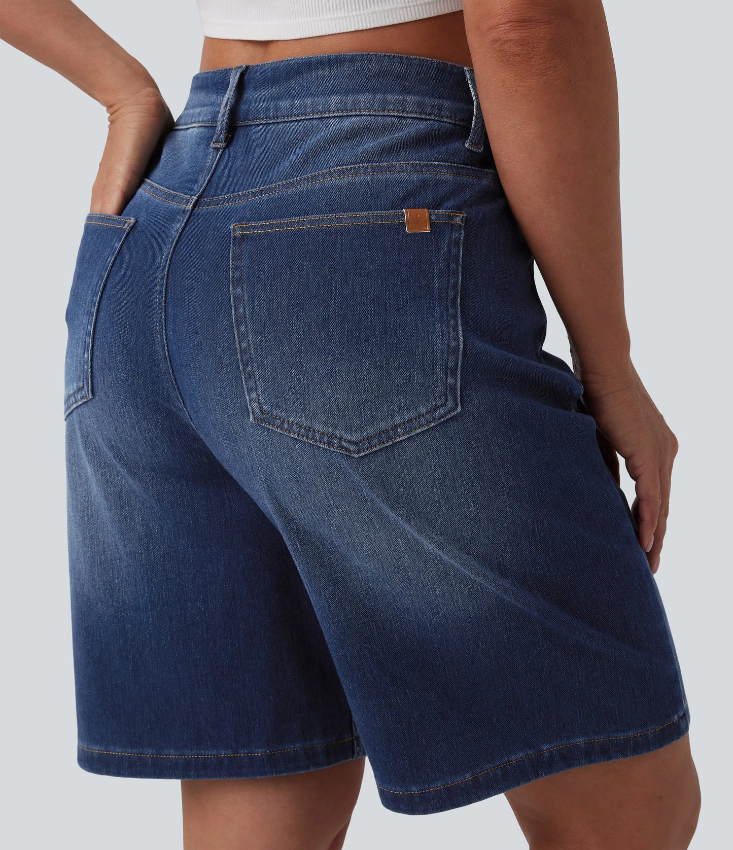 Lounge Flex™ Asymmetric High Waisted Washed Denim Casual Shorts 9'' with Pockets - Lounge