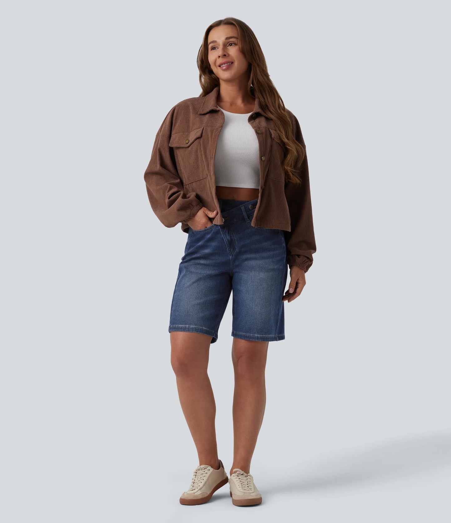 Lounge Flex™ Asymmetric High Waisted Washed Denim Casual Shorts 9'' with Pockets - Lounge