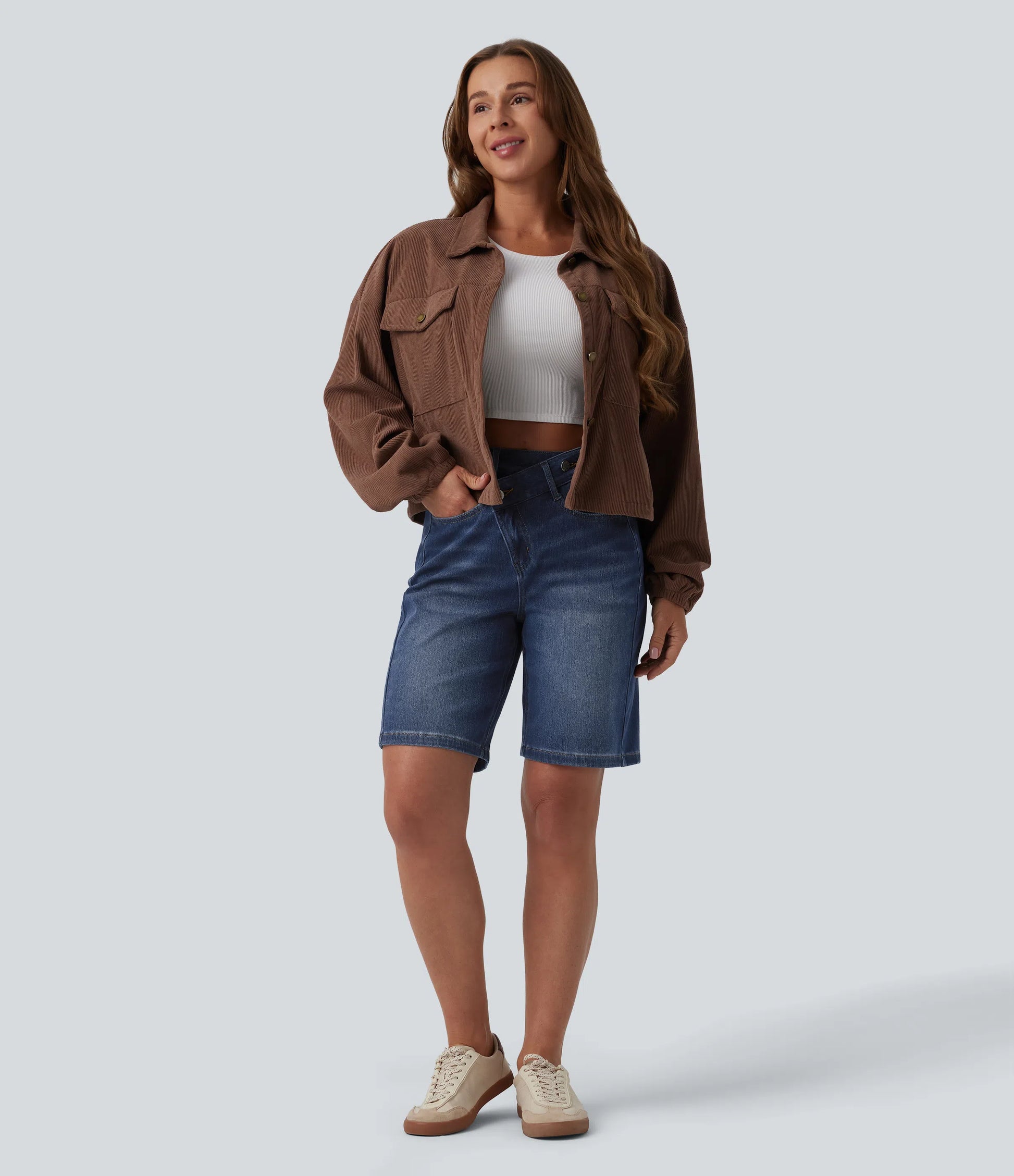 Lounge Flex™ Asymmetric High Waisted Washed Denim Casual Shorts 9'' with Pockets - Lounge