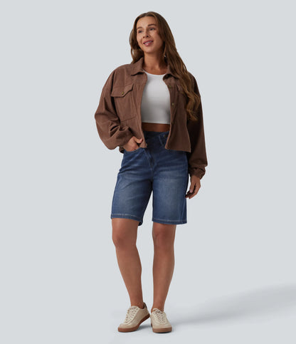 Lounge Flex™ Asymmetric High Waisted Washed Denim Casual Shorts 9'' with Pockets - Lounge