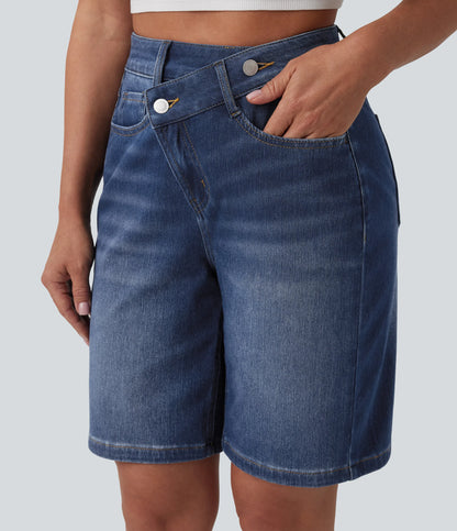 Lounge Flex™ Asymmetric High Waisted Washed Denim Casual Shorts 9'' with Pockets - Lounge